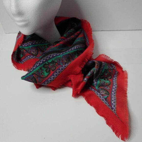 Specialty House Italy Made Scarf Red Black Green Paisley Psychedelic Retro Boho - Picture 1 of 4